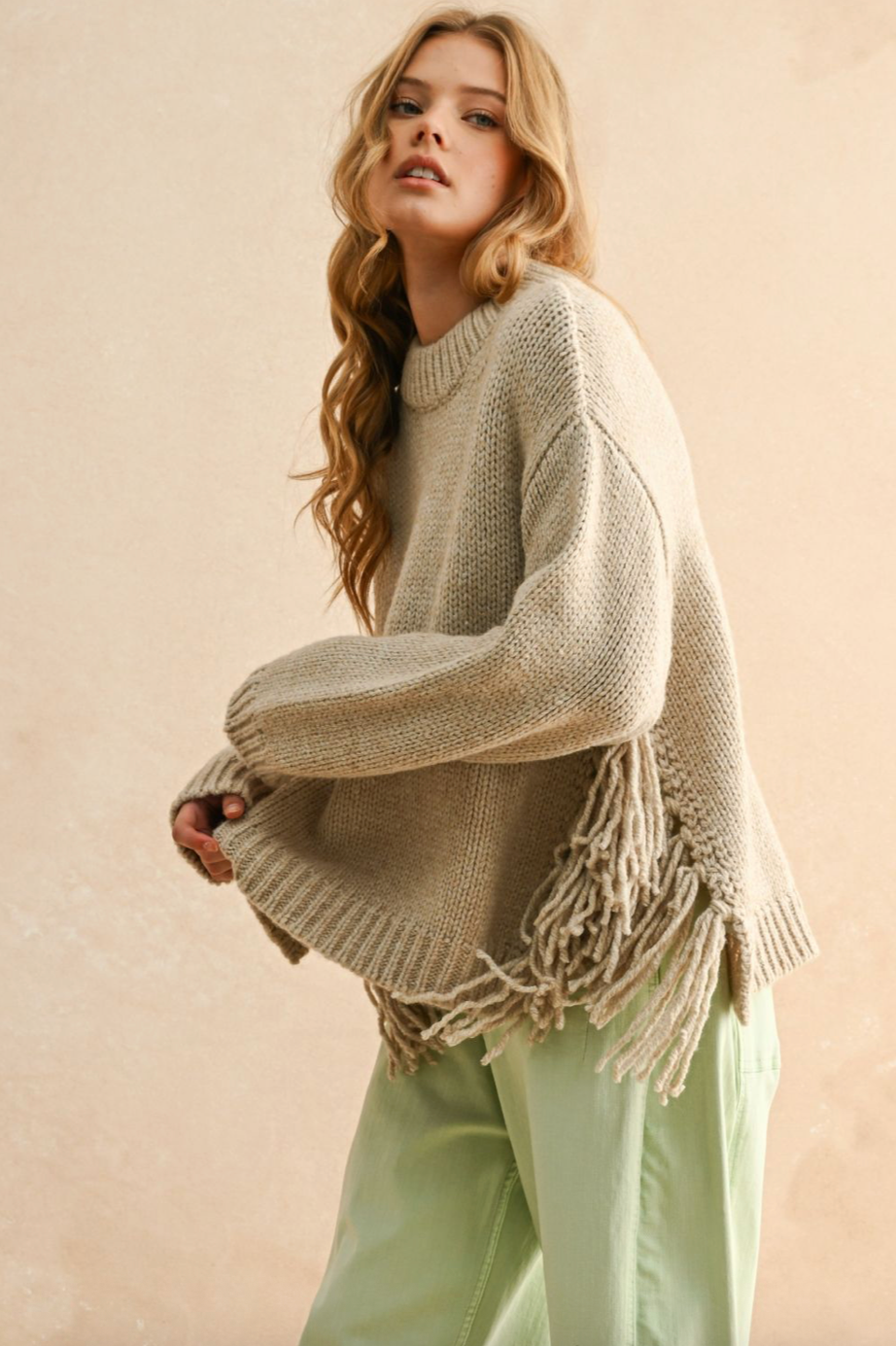 Fringe Bottom Detail Sweater - stone, womens sweater collection