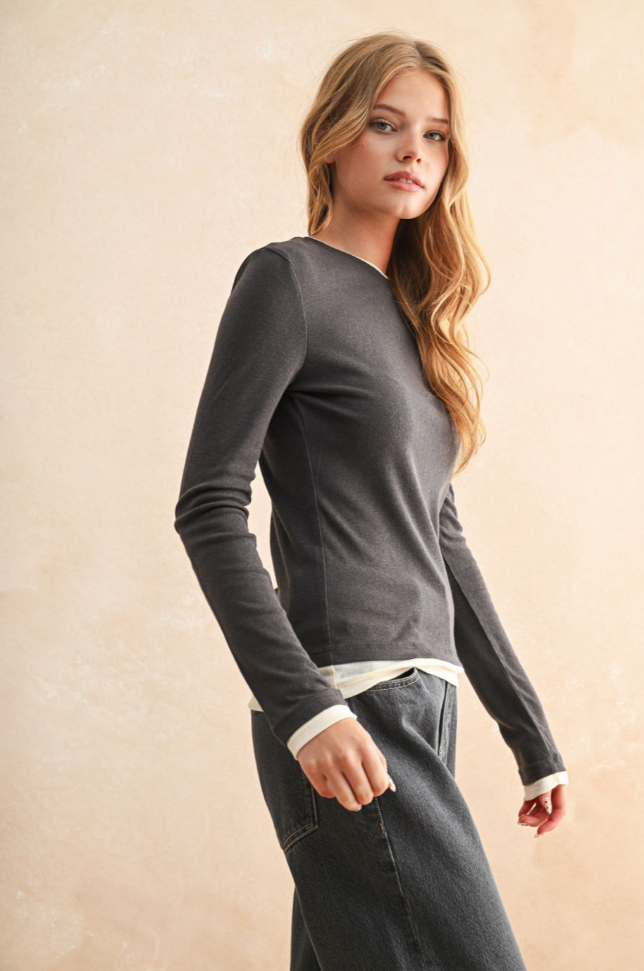 Light Weight Long Sleeve Top - Charcoal, Women's Tops Collection