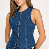 Fitted Button Front Top - denim blue, womens vest collection