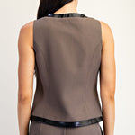 Leather Contrast Vest With Gold Button Detail - Charcoal, Women's Tops Collection