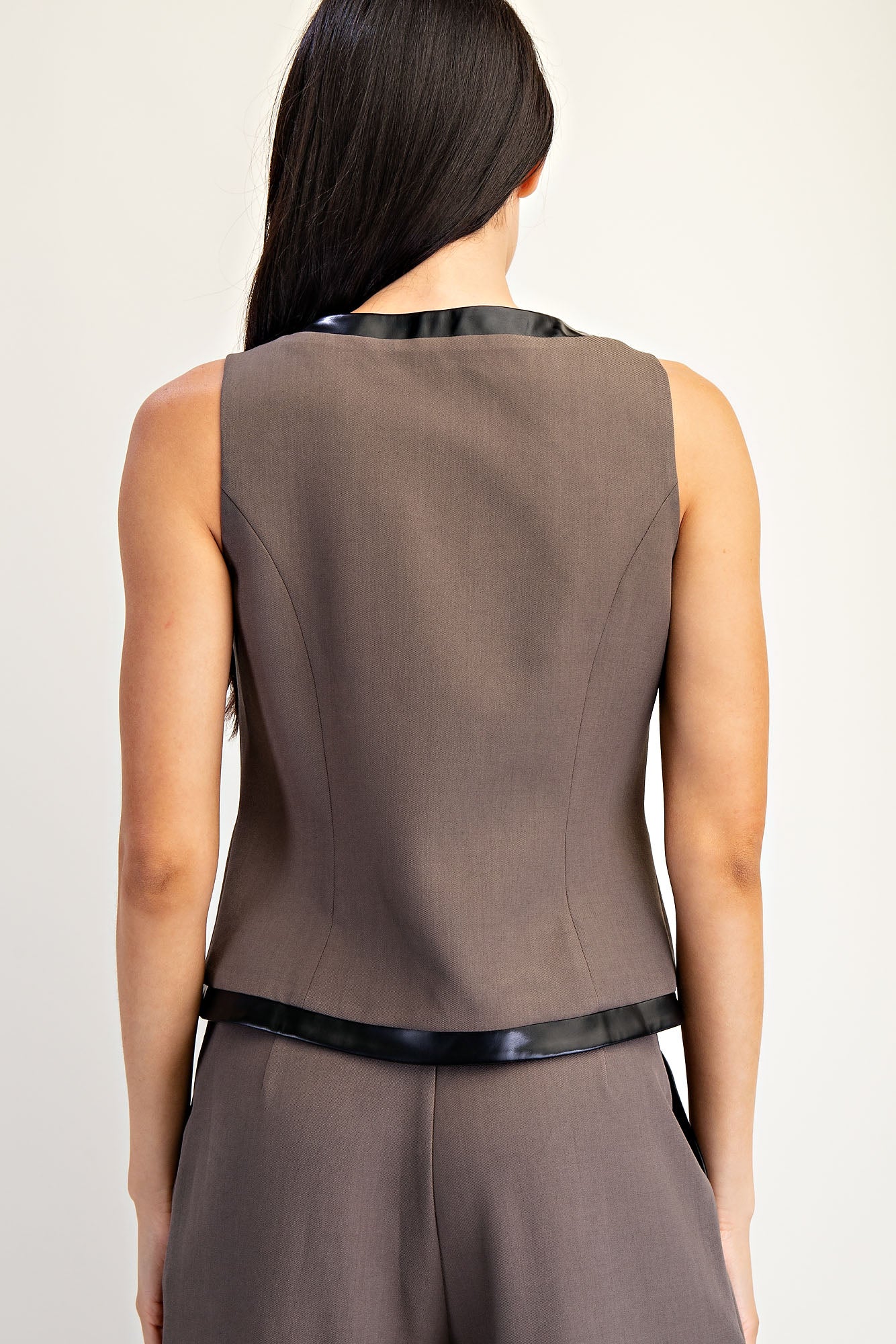 Leather Contrast Vest With Gold Button Detail - Charcoal, Women's Tops Collection