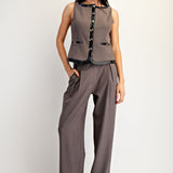 Leather Contrast Pant With Button Detail - Charcoal, Women's Pants Collection