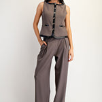 Leather Contrast Vest With Gold Button Detail - Charcoal, Women's Tops Collection