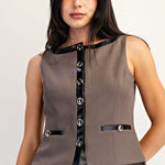 Leather Contrast Vest With Gold Button Detail - Charcoal, Women's Tops Collection