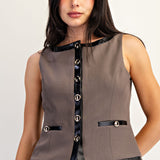 Leather Contrast Vest With Gold Button Detail - Charcoal, Women's Tops Collection
