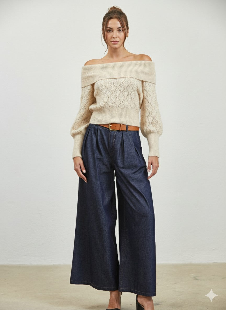 Off Shoulder Pattern Sweater - ivory, womens sweater collection