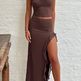 Shirred Tube Top And Ruffle Skirt - brown, womens matching set collection