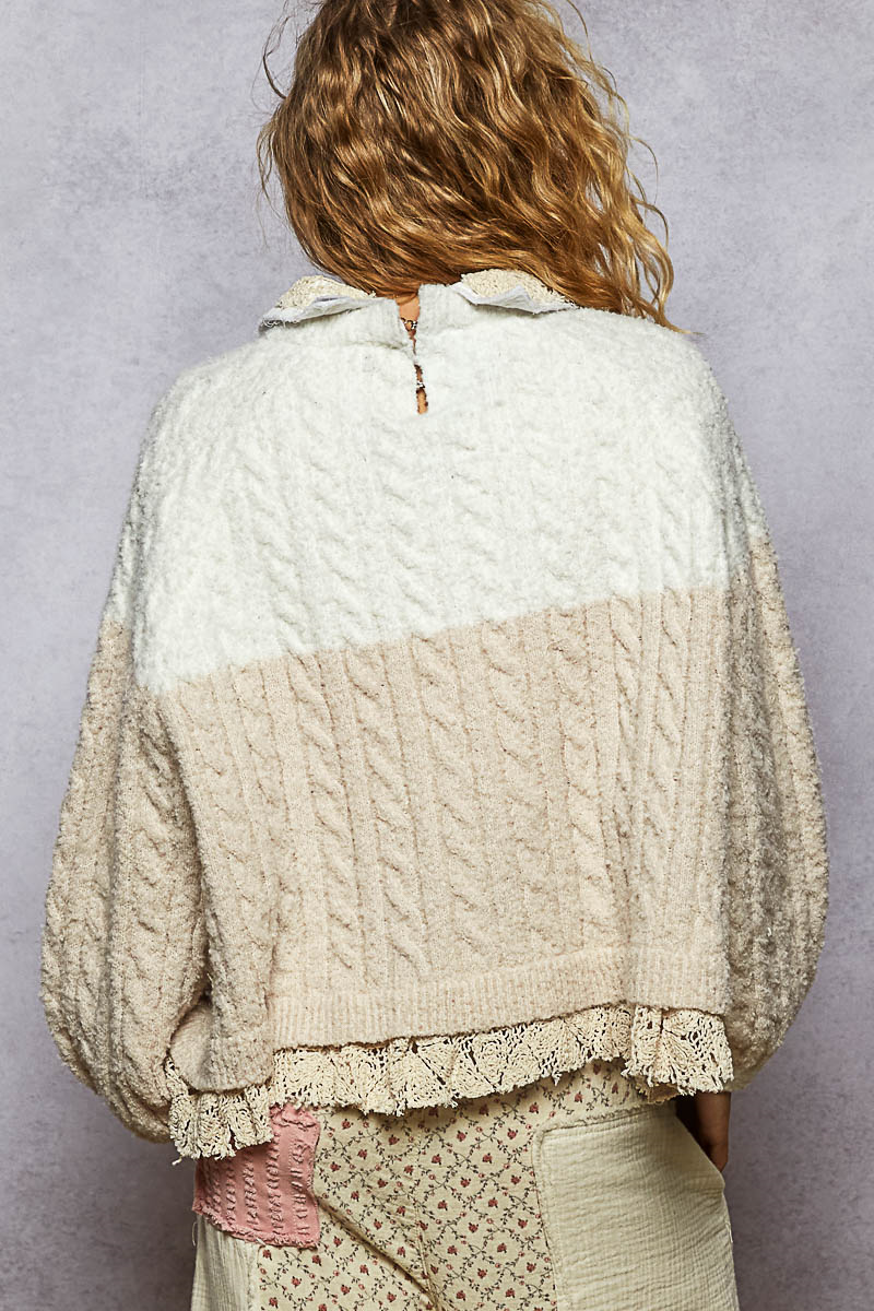 Sweater With Lace Underlay - White/Pink, Women's Tops Collection
