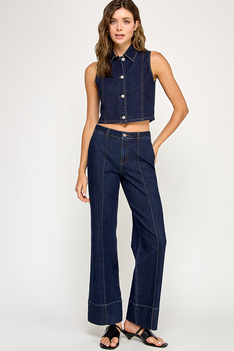 Sleeveless Cropped Denim Vest - Dark Denim, Women's Tops Collection