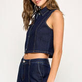 Sleeveless Cropped Denim Vest - Dark Denim, Women's Tops Collection
