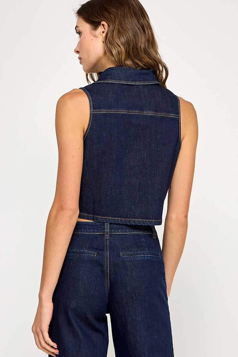 Sleeveless Cropped Denim Vest - Dark Denim, Women's Tops Collection