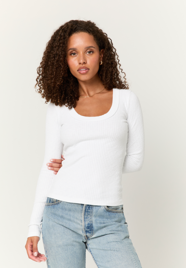 Scoop Neck Long Sleeve - White, Women's Tops Collection