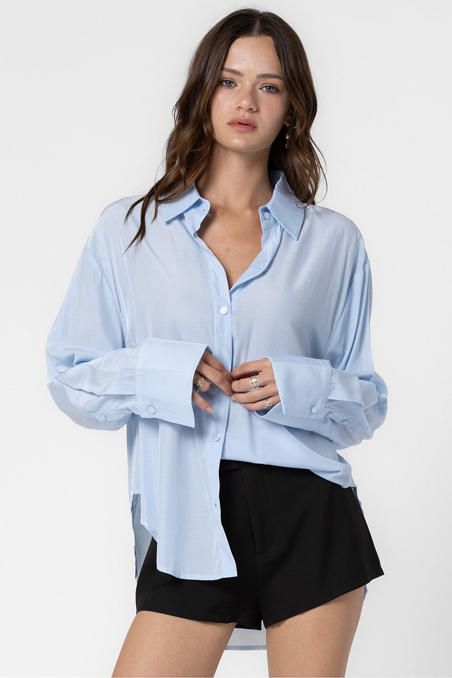 Long Sleeve Button Down Top - Powder Blue, Women's Tops Collection