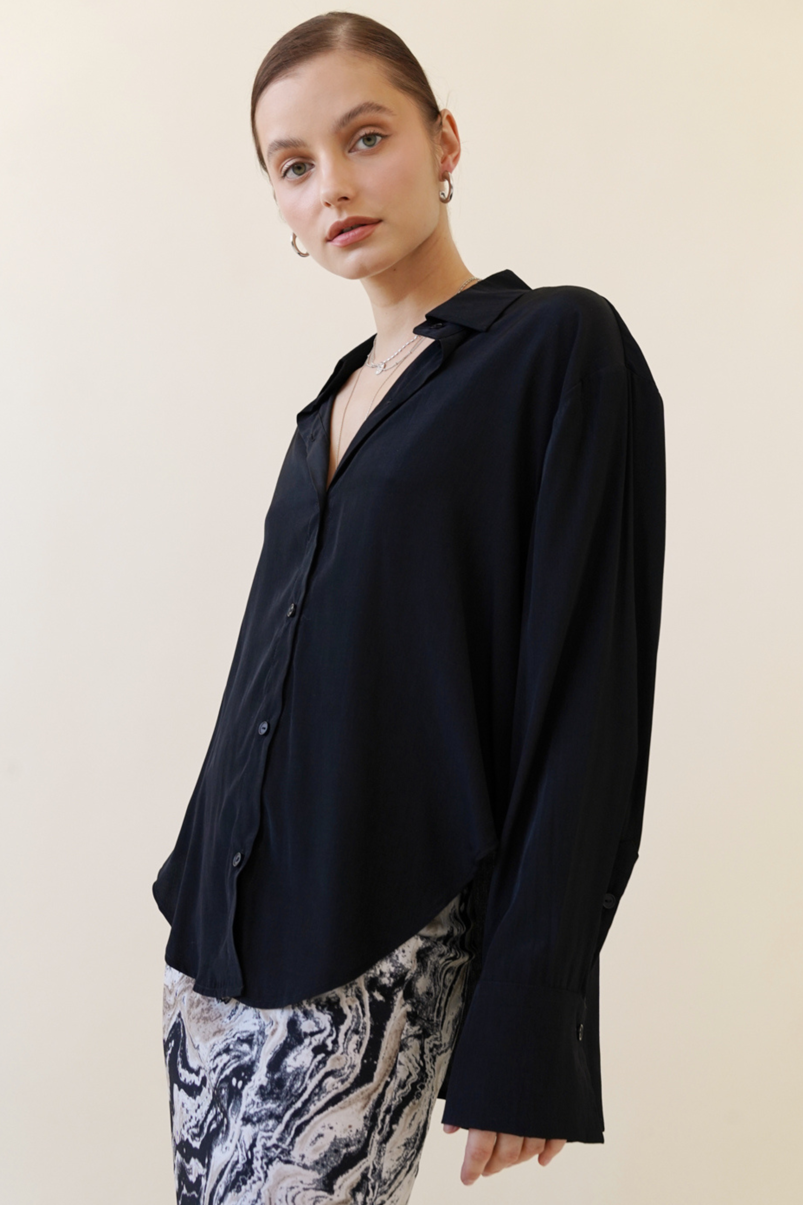 Long Sleeve Button Down Top - Black, Women's Tops Collection