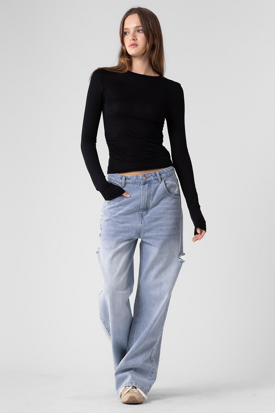 Shirred Basic Long Sleeve - Black, Women's Tops Collection