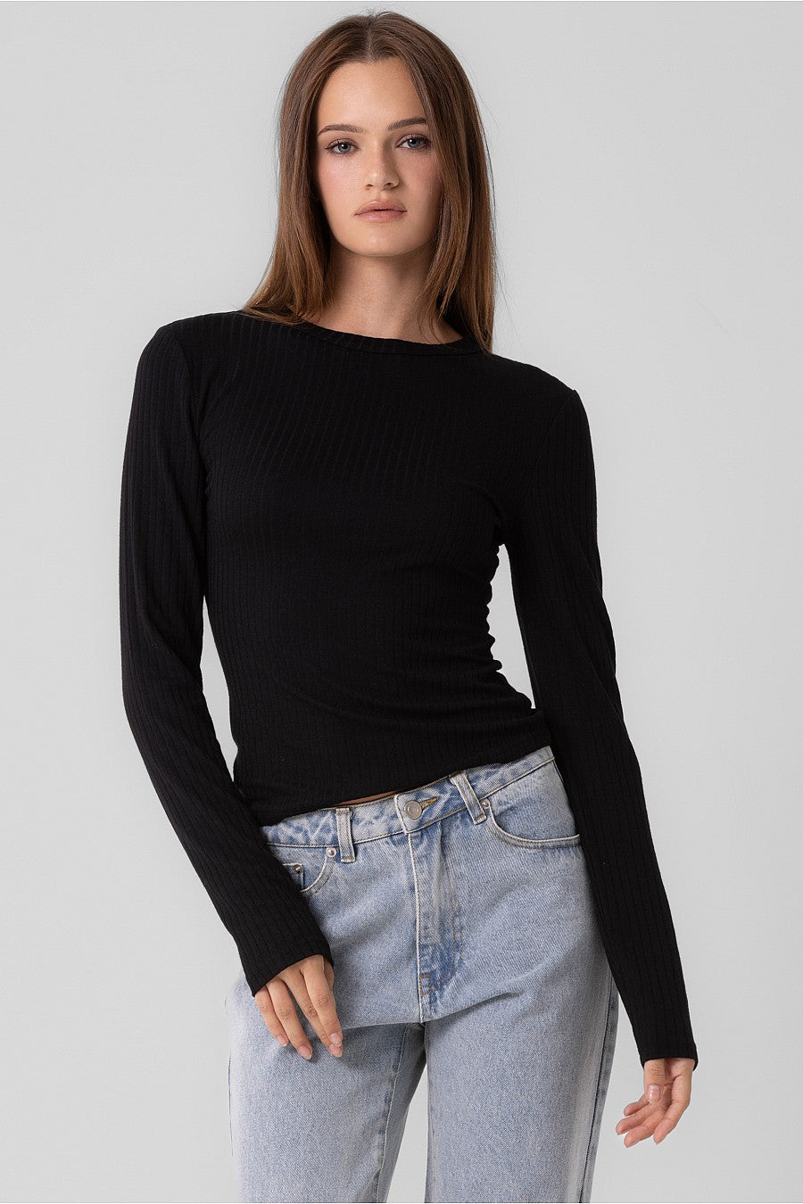 Ribbed Long Sleeve Top - Black, Women's Tops Collection