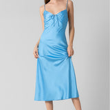 Satin Ribbon Detail Midi Dress - Blue, Women's Dresses Collection