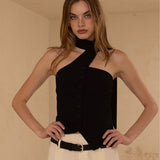 Chocker Neck Strap Button Vest - black, womens top collection
