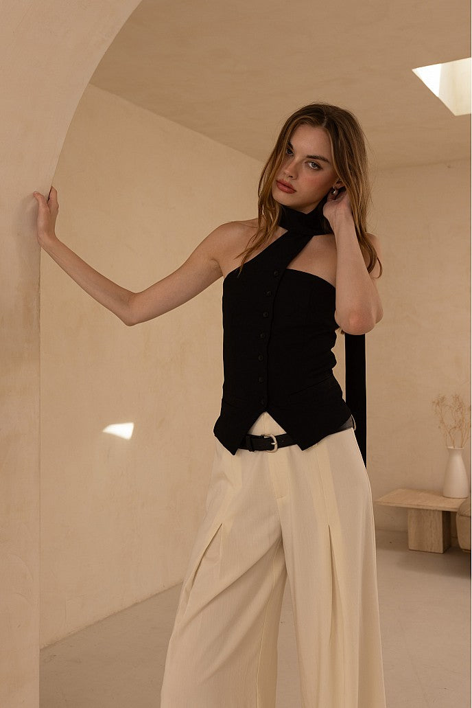 Chocker Neck Strap Button Vest - black, womens top collection