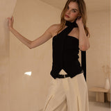 Chocker Neck Strap Button Vest - black, womens top collection