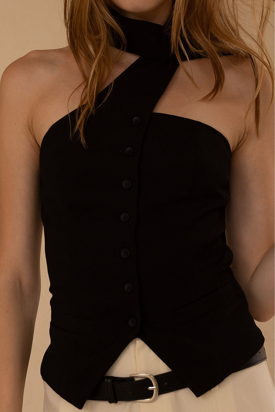 Chocker Neck Strap Button Vest - black, womens top collection