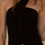Chocker Neck Strap Button Vest - black, womens top collection