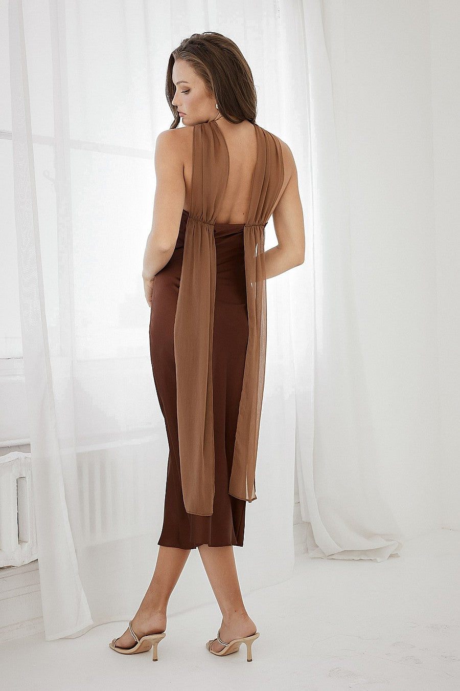 Satin High Neck Dress With Back Sash - Dark Brown, Women's Dresses Collection