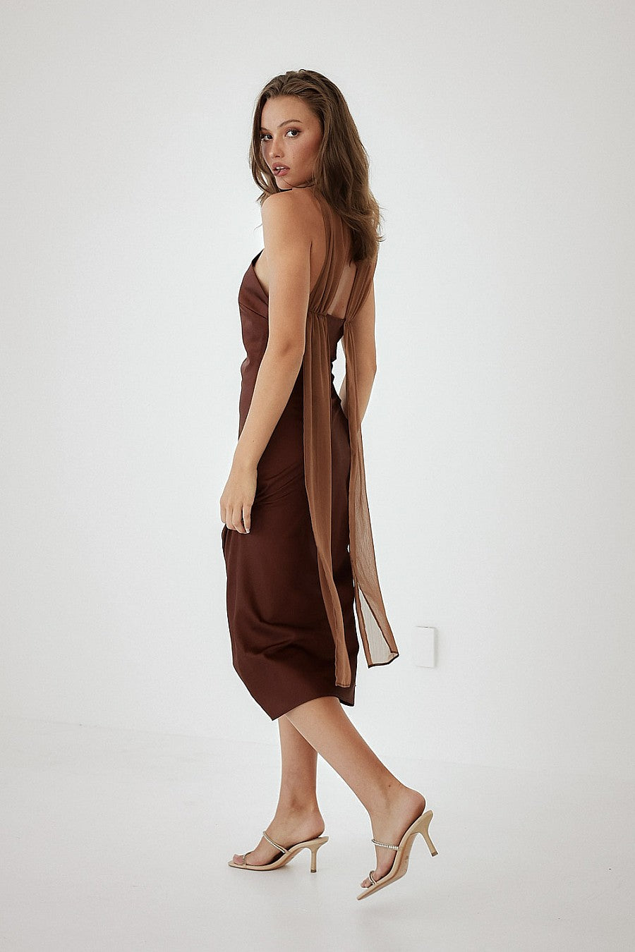 Satin High Neck Dress With Back Sash - Dark Brown, Women's Dresses Collection