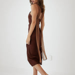 Satin High Neck Dress With Back Sash - Dark Brown, Women's Dresses Collection