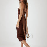 Satin High Neck Dress With Back Sash - Dark Brown, Women's Dresses Collection