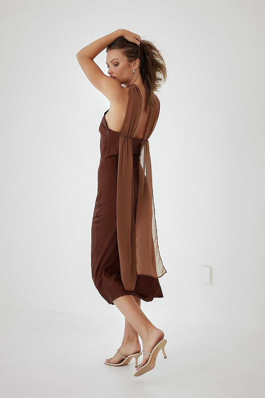 Satin High Neck Dress With Back Sash - Dark Brown, Women's Dresses Collection