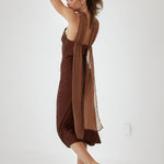 Satin High Neck Dress With Back Sash - Dark Brown, Women's Dresses Collection