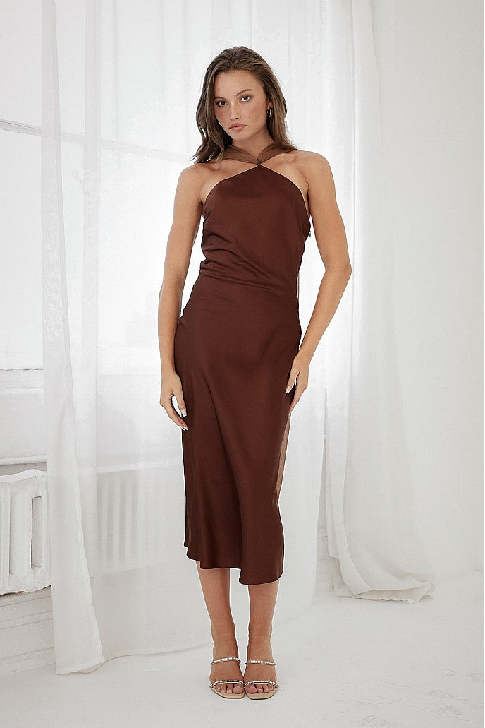 Satin High Neck Dress With Back Sash - Dark Brown, Women's Dresses Collection