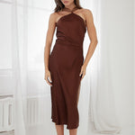 Satin High Neck Dress With Back Sash - Dark Brown, Women's Dresses Collection