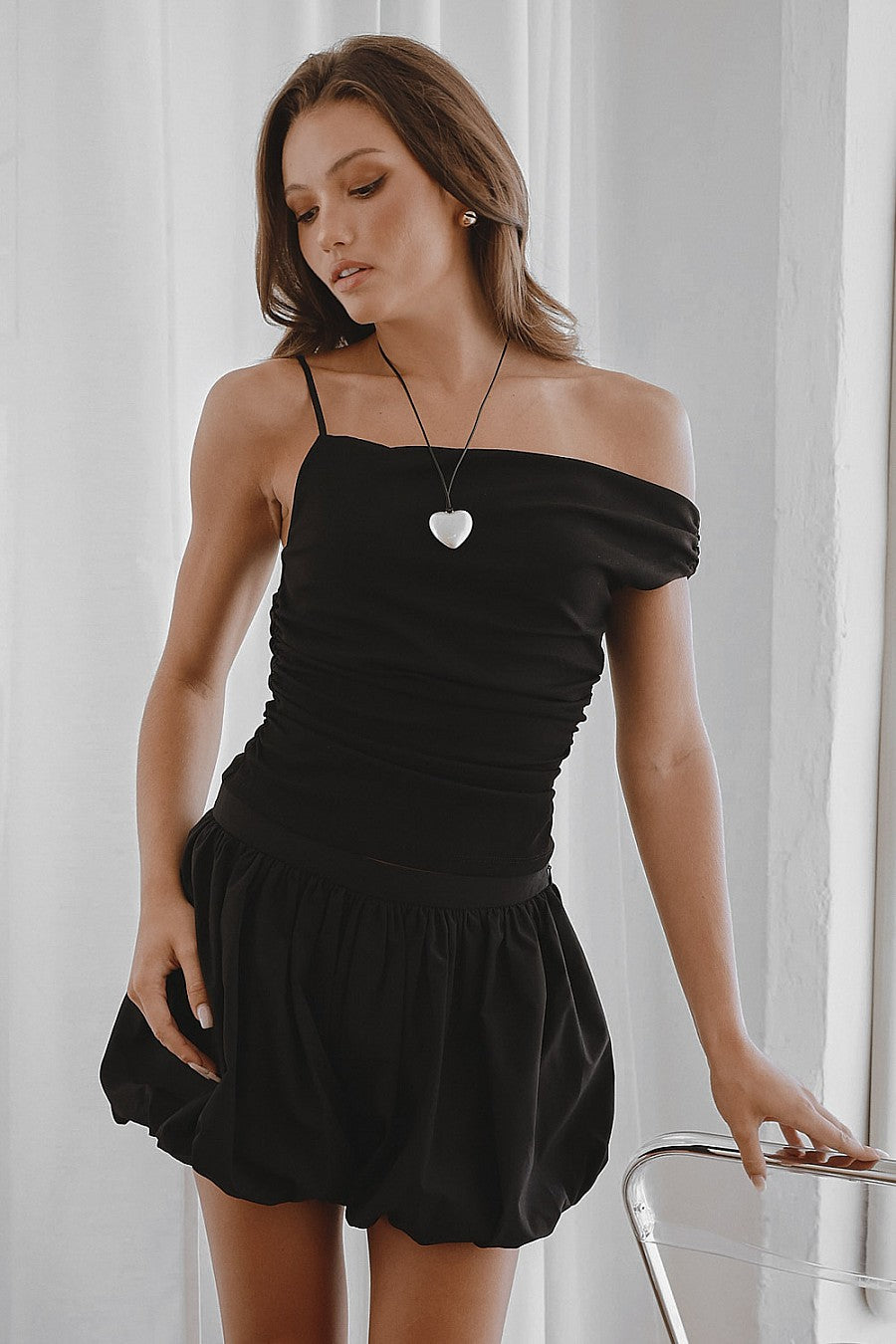 Asymmetric Ruched Tank Top - Black, Women's Tops Collection