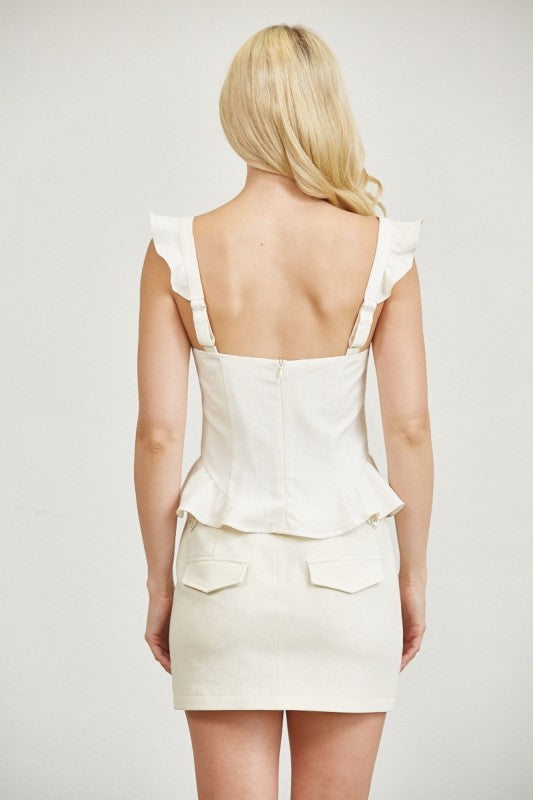 Sweetheart Frilled Strap Linen Top - Ivory, Women's Tops Collection