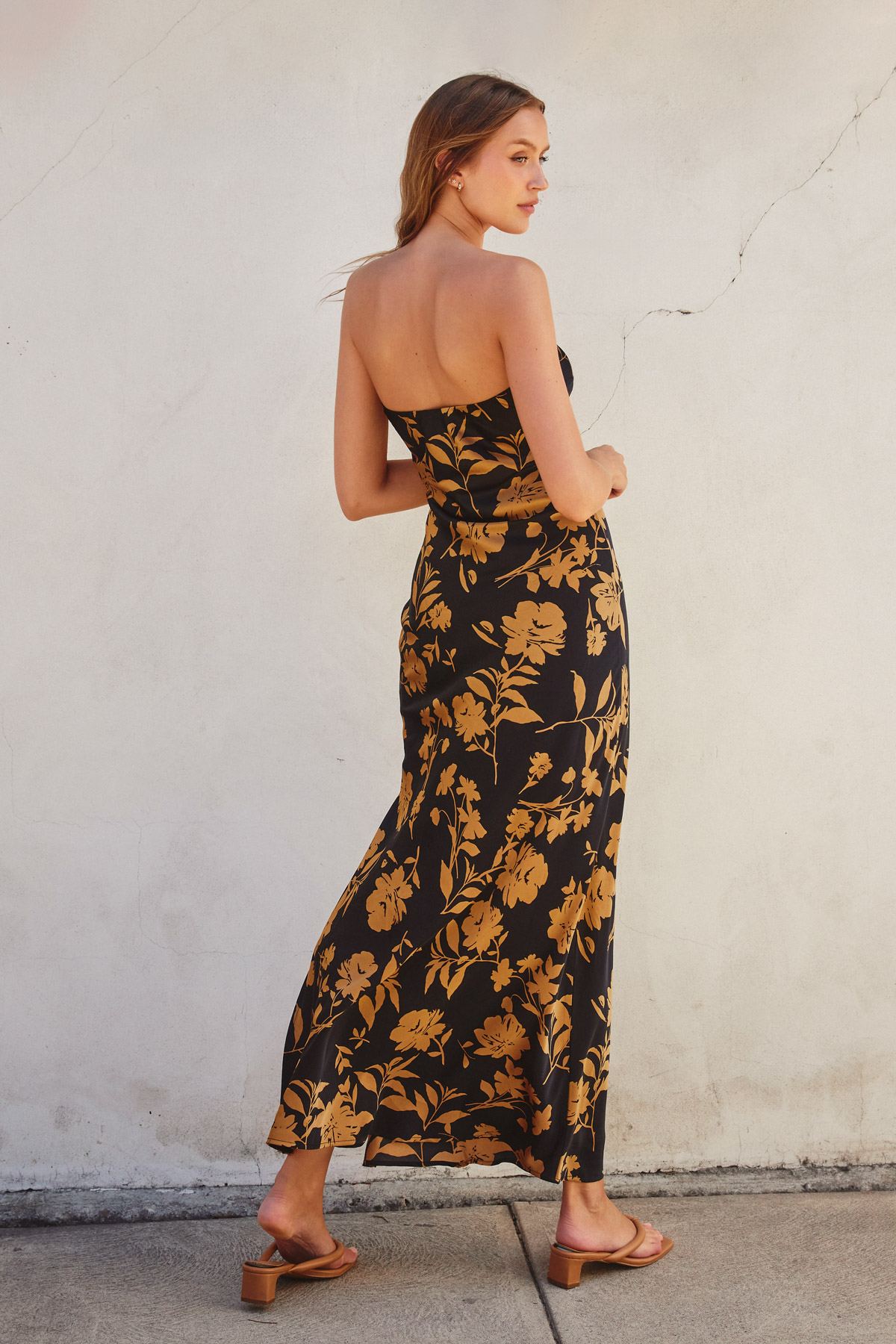 Floral Satin Strapless Maxi Dress - gold and black, womens dresses collection