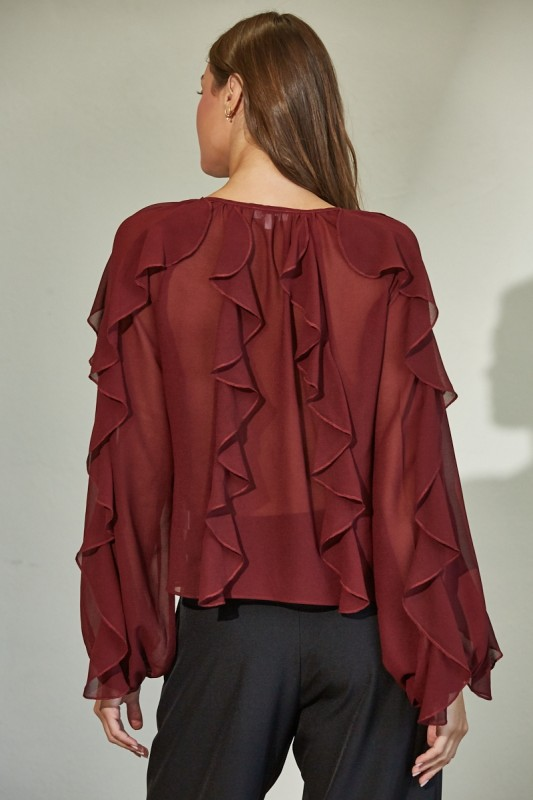 Ruffled Chiffon Blouse - berry, womens shirt collection