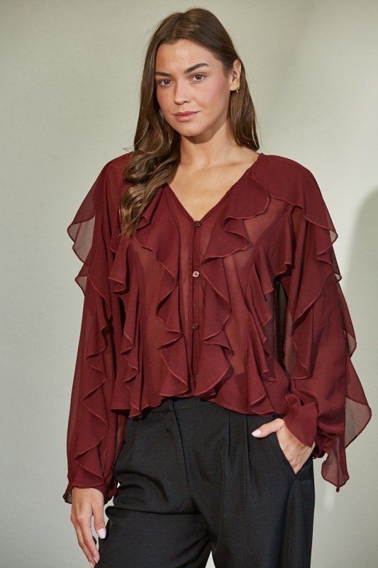 Ruffled Chiffon Blouse - berry, womens shirt collection