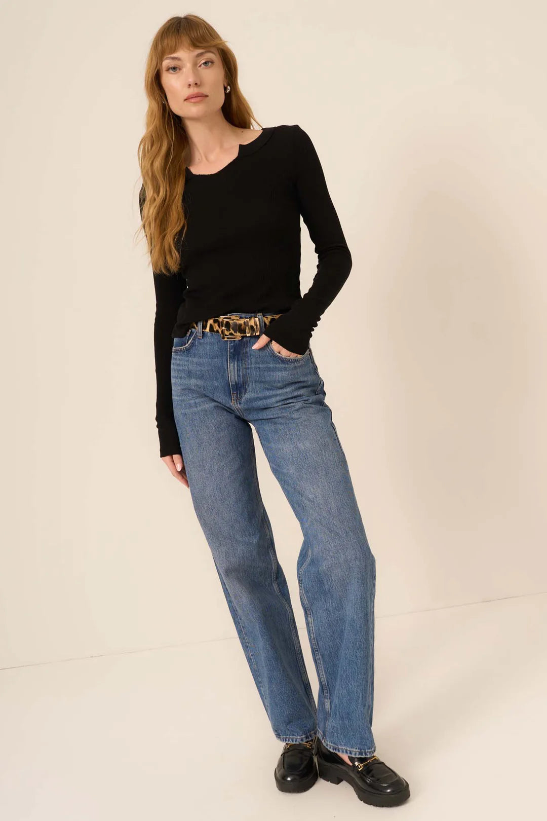 Notch Neck Long Sleeve - Black, Women's Tops Collection
