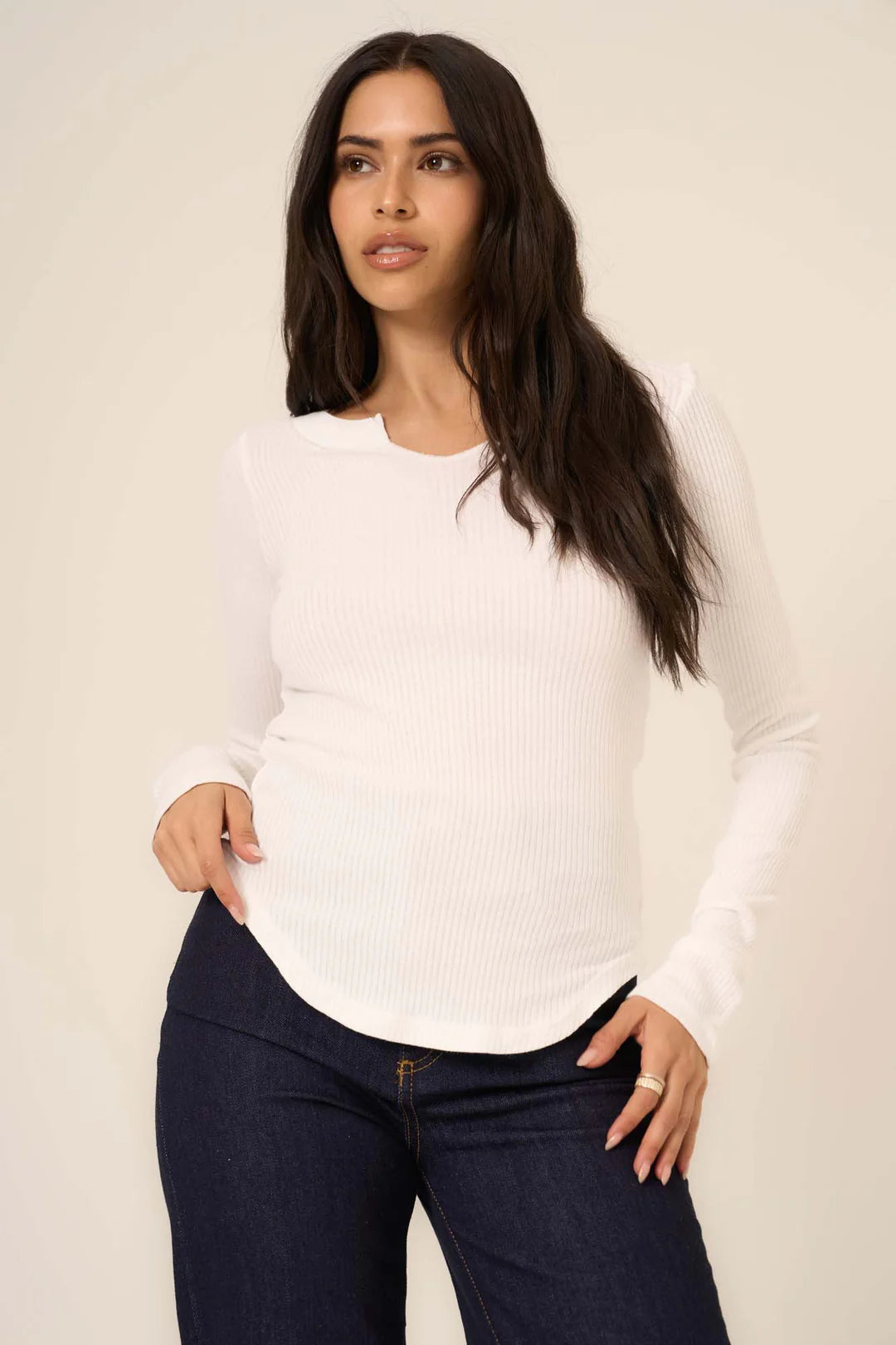 Notch Neck Long Sleeve - White, Women's Tops Collection