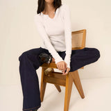 Notch Neck Long Sleeve - White, Women's Tops Collection