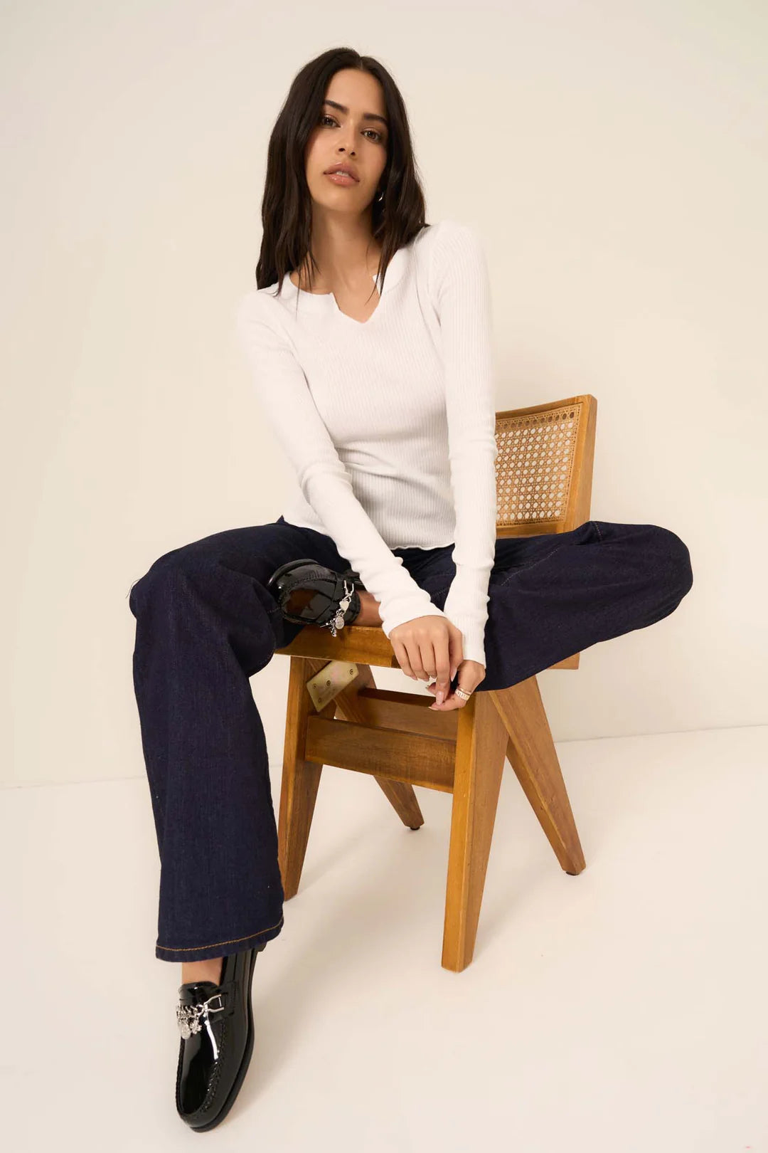 Notch Neck Long Sleeve - White, Women's Tops Collection
