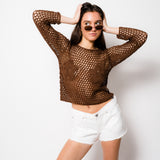 Crochet Long Sleeve Top - Brown, Women's Tops Collection