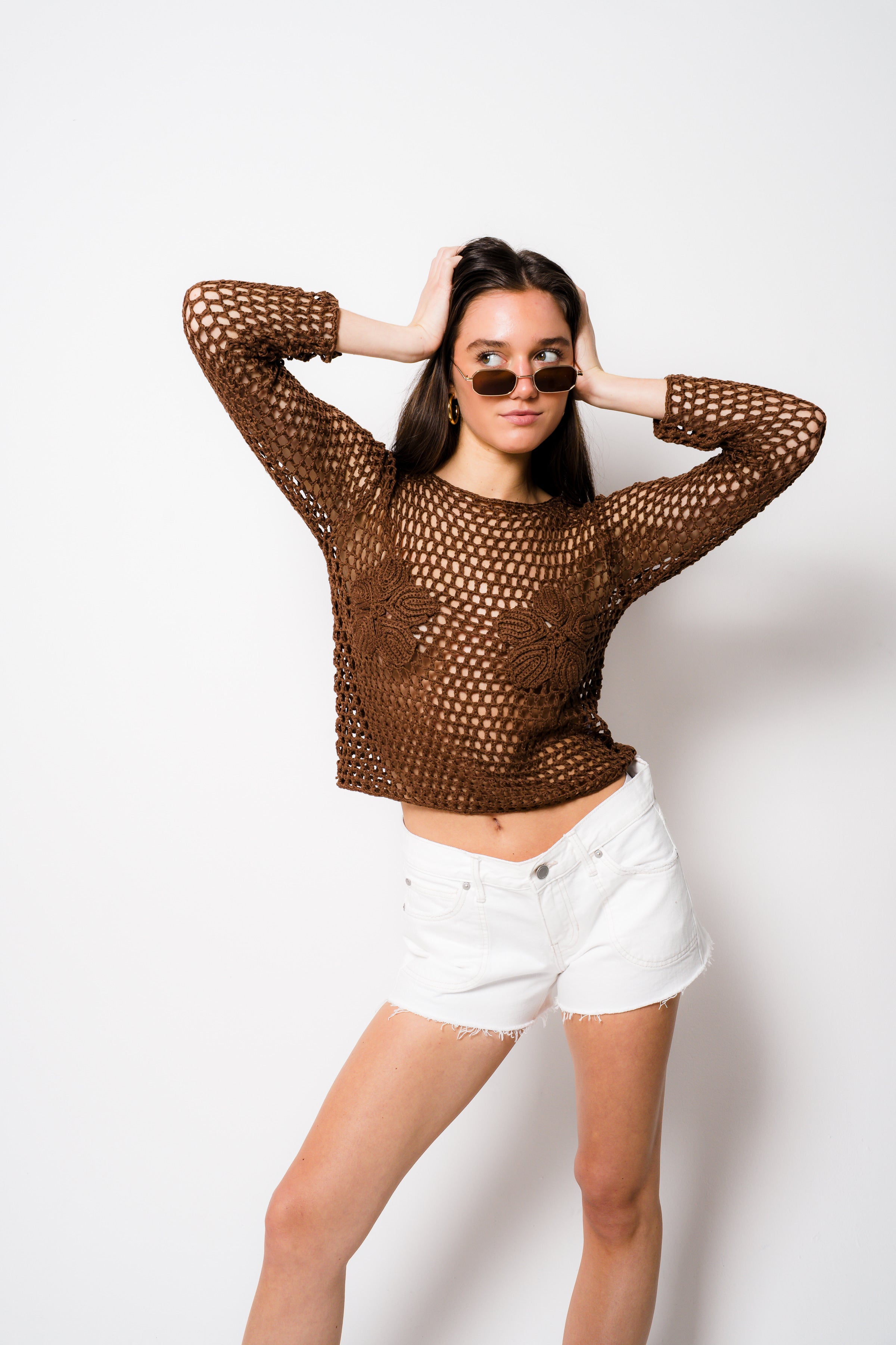 Crochet Long Sleeve Top - Brown, Women's Tops Collection