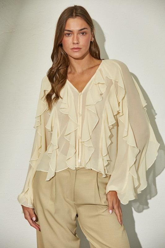 Ruffled Chiffon Blouse - cream, womens shirt collection
