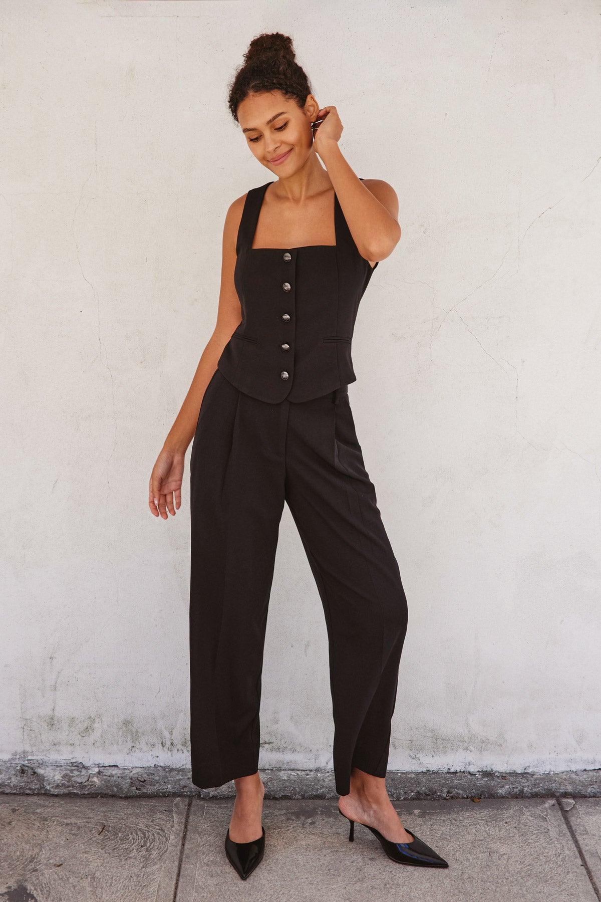 Vest With Front Buttons - Black, Women's Tops Collection