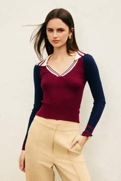 Collared Sweater - Burgundy/Navy, Women's Tops Collection
