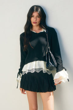 Collared Layered Sweater With Lace Bottom