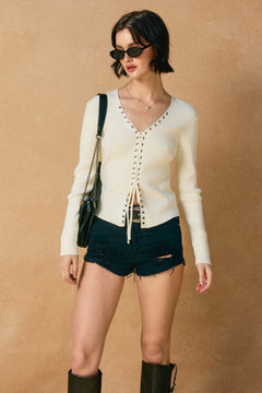 Tie Front Long Sleeve Top - Cream, Women's Tops Collection